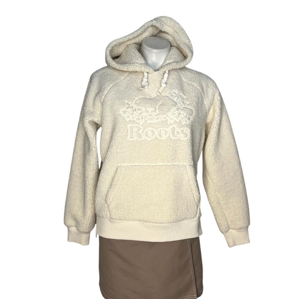 ROOTS Sherpa Hoodie Sweatshirt Thick Plush Cream Color Beaver Logo Womens Size M